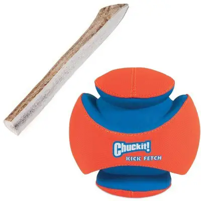 Bundle: Chuckit! Kick Fetch Ball Toy + Elk Antler Dog Chew