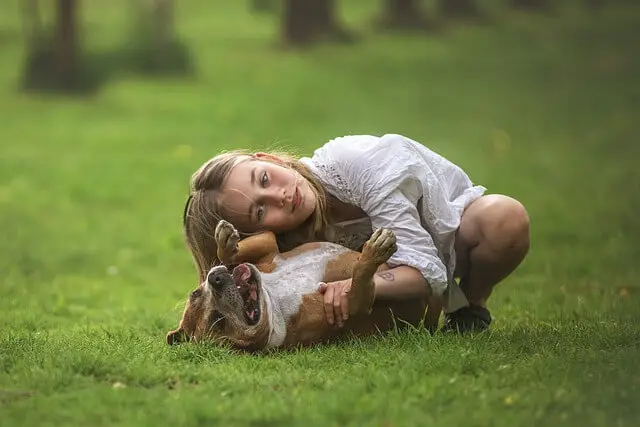 girl playing with dog